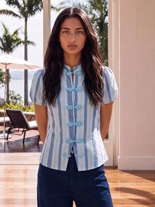 Nöista Chinese-Style Striped Puff Sleeve Blouse. Summer, Fall, Office Wear, Business Casual, Elegant Style. - Blue - View 5