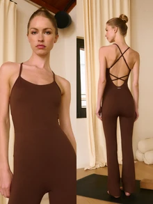 Nöista Fitted Full-Length Gym Jumpsuit With A Scoop Neckline Flared Legs And An Open Back Featuring  Crossed Straps Fall Winter Activewear Pilates Gym Yoga. - Chocolate Brown - View 5