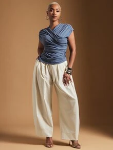 Vixey Draped Crossover Ruched Top, Office Going Out Brunch Outfits Dusty Blue Summer Casual Elegant - Blue - View 2