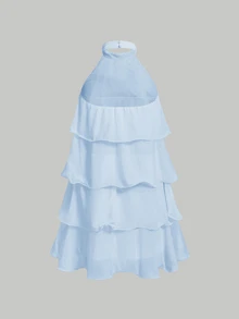 Skyraze Baby Blue Multi-Layer Ruffle Halter Neck Stand Collar Mini Dress Party Summer Romantic Elegant.Halloween.Back To School. - Blue - View 5