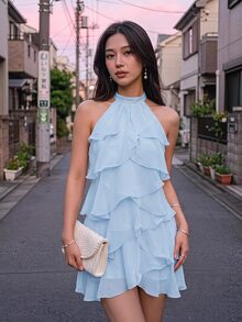 Skyraze Baby Blue Multi-Layer Ruffle Halter Neck Stand Collar Mini Dress Party Summer Romantic Elegant.Halloween.Back To School. - Blue - View 9