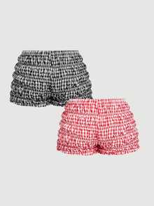 SHEIN MOD 2pcs Set Cute Bow Pleated Ultra Short Mini Shorts, Devil Costume, Sexy Outfit, Set, Lantern Shorts, Women's Clothing - Multicolor - View 1