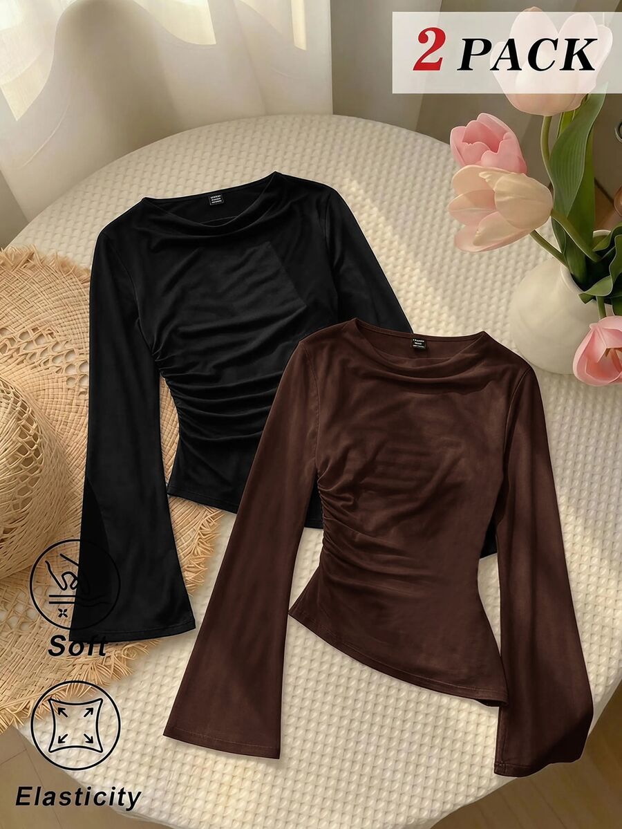 SHEIN MOD Women's Black Chocolate Brown Round Neck Ruched Bell Sleeve Waist Gathered Asymmetrical Hem Versatile Casual Sexy Long Sleeve T-Shirt Date Night Out