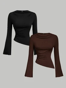 SHEIN MOD Women's Black Chocolate Brown Round Neck Ruched Bell Sleeve Waist Gathered Asymmetrical Hem Versatile Casual Sexy Long Sleeve T-Shirt Date Night Out - Black - View 10