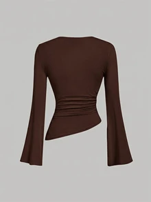 SHEIN MOD Women's Black Chocolate Brown Round Neck Ruched Bell Sleeve Waist Gathered Asymmetrical Hem Versatile Casual Sexy Long Sleeve T-Shirt Date Night Out - Black - View 5