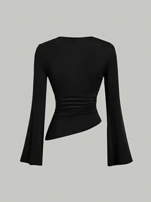 SHEIN MOD Women's Black Chocolate Brown Round Neck Ruched Bell Sleeve Waist Gathered Asymmetrical Hem Versatile Casual Sexy Long Sleeve T-Shirt Date Night Out - Black - View 7