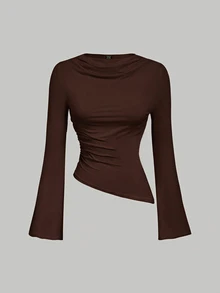 SHEIN MOD Women's Black Chocolate Brown Round Neck Ruched Bell Sleeve Waist Gathered Asymmetrical Hem Versatile Casual Sexy Long Sleeve T-Shirt Date Night Out - Black - View 11