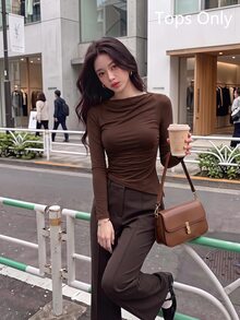 SHEIN MOD Women's Black Chocolate Brown Round Neck Ruched Bell Sleeve Waist Gathered Asymmetrical Hem Versatile Casual Sexy Long Sleeve T-Shirt Date Night Out - Black - View 12