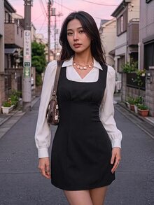 SHEIN MOD Black And White Colorblock 2 In 1 Button Petal Sleeve Mini Dress Birthday Brunch Date Dinner Party Autumn French Elegant Halloween School - Black and White - View 10