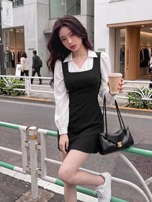 SHEIN MOD Black And White Colorblock 2 In 1 Button Petal Sleeve Mini Dress Birthday Brunch Date Dinner Party Autumn French Elegant Halloween School - Black and White - View 11