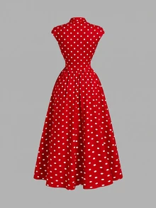 SHEIN MOD 女款紅白波點高領長版針織洋裝，野餐度假夏季穿搭，70年代復古風 - 紅色 - 查看 3
