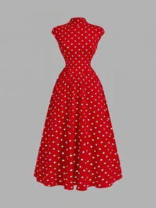 SHEIN MOD 女款紅白波點高領長版針織洋裝，野餐度假夏季穿搭，70年代復古風 - 紅色 - 查看 4