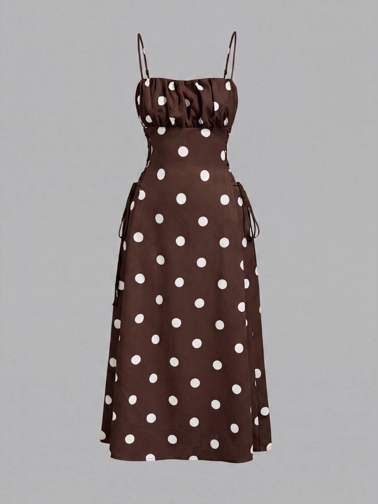 SHEIN MOD Women's Summer Elegant Polka Dot Print Spaghetti Strap Midi Dress - Brown - View 3