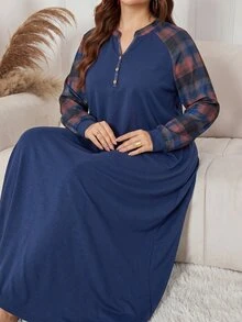 Lacomfia Gaun Wanita Ukuran Besar Elegan Kasual Serbaguna untuk Musim Gugur/Dingin, Melangsingkan, Bertekstur Rajut, Motif Kotak-kotak, Patchwork, Kancing Depan - MultiWarna - View 4