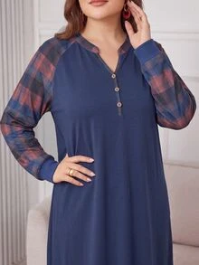 Lacomfia Gaun Wanita Ukuran Besar Elegan Kasual Serbaguna untuk Musim Gugur/Dingin, Melangsingkan, Bertekstur Rajut, Motif Kotak-kotak, Patchwork, Kancing Depan - MultiWarna - View 6
