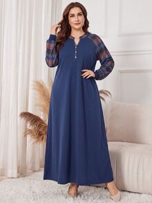Lacomfia Gaun Wanita Ukuran Besar Elegan Kasual Serbaguna untuk Musim Gugur/Dingin, Melangsingkan, Bertekstur Rajut, Motif Kotak-kotak, Patchwork, Kancing Depan - MultiWarna - View 3