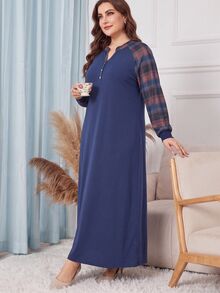 Lacomfia Gaun Wanita Ukuran Besar Elegan Kasual Serbaguna untuk Musim Gugur/Dingin, Melangsingkan, Bertekstur Rajut, Motif Kotak-kotak, Patchwork, Kancing Depan - MultiWarna - View 5