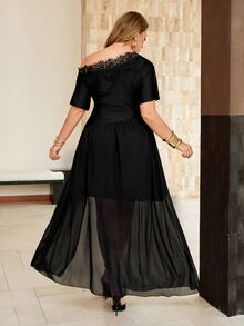 Roveilla Plus Size French Style Asymmetric Shoulder Short Sleeve Ruched Waist Flared Elegant Dress Date Night Dinner Cocktail Wedding Guest Black Summer - Black - View 2