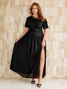 Roveilla Plus Size French Style Asymmetric Shoulder Short Sleeve Ruched Waist Flared Elegant Dress Date Night Dinner Cocktail Wedding Guest Black Summer - Black - View 5