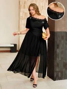 Roveilla Plus Size French Style Asymmetric Shoulder Short Sleeve Ruched Waist Flared Elegant Dress Date Night Dinner Cocktail Wedding Guest Black Summer - Black - View 3