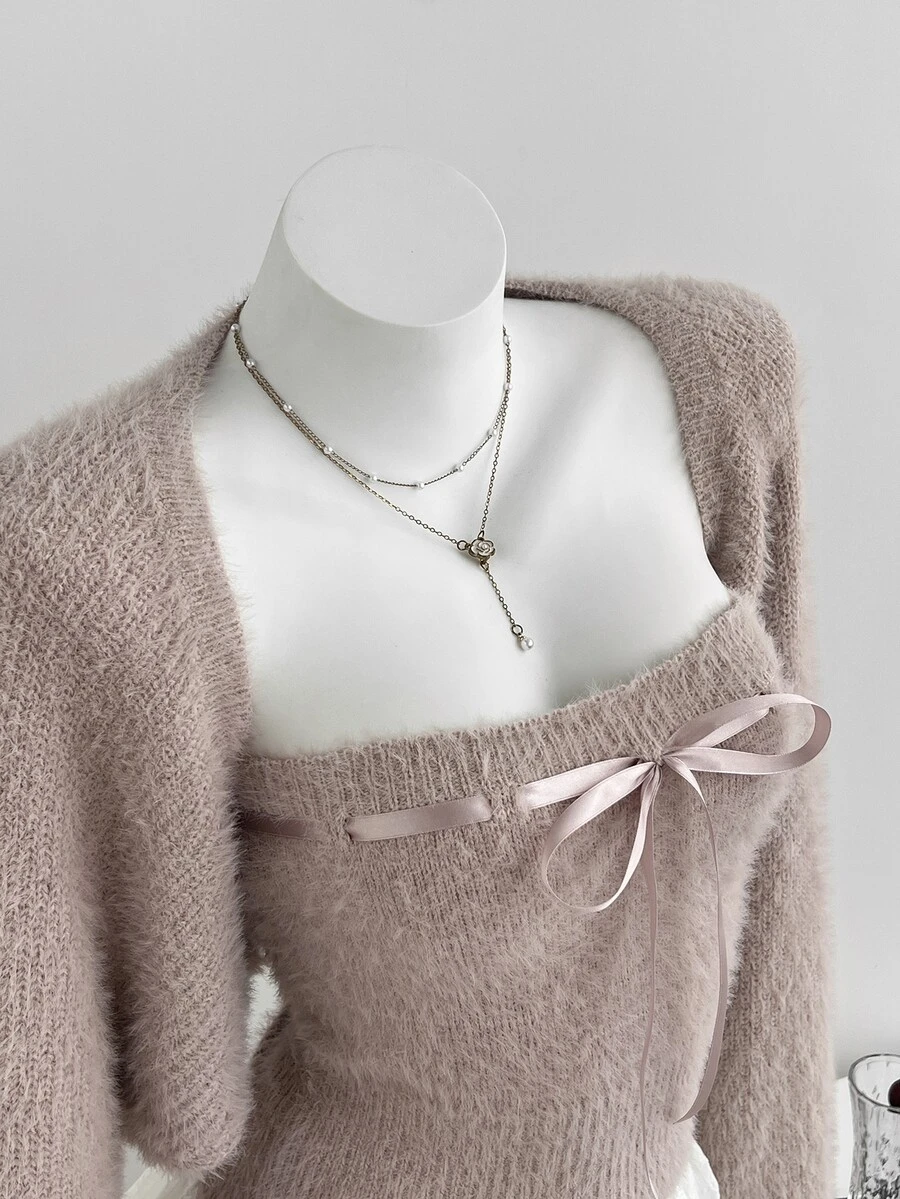 Elamini Autumn/Winter Hot Style 2-Piece Set Solid Color Bow Tie Inner Top + Short Long Sleeve Jacket - Pink - View 1