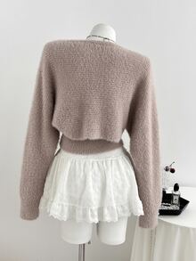 Elamini Autumn/Winter Hot Style 2-Piece Set Solid Color Bow Tie Inner Top + Short Long Sleeve Jacket - Pink - View 2