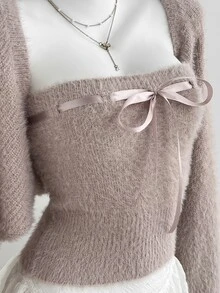 Elamini Autumn/Winter Hot Style 2-Piece Set Solid Color Bow Tie Inner Top + Short Long Sleeve Jacket - Pink - View 5