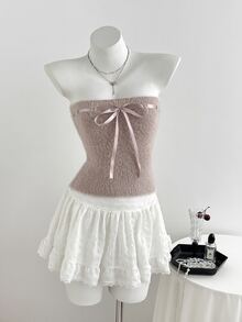 Elamini Autumn/Winter Hot Style 2-Piece Set Solid Color Bow Tie Inner Top + Short Long Sleeve Jacket - Pink - View 3
