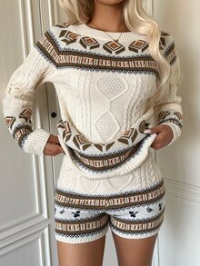 Autumina Set Celana Pendek Rajut Kabel Jacquard Fair Isle Kasual Musim Gugur/Dingin - MultiWarna - View 7