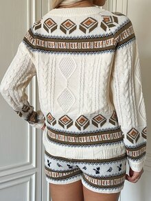 Autumina Set Celana Pendek Rajut Kabel Jacquard Fair Isle Kasual Musim Gugur/Dingin - MultiWarna - View 2