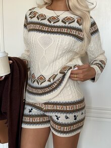 Autumina Set Celana Pendek Rajut Kabel Jacquard Fair Isle Kasual Musim Gugur/Dingin - MultiWarna - View 1