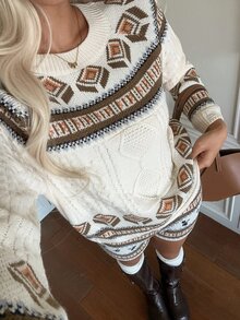Autumina Set Celana Pendek Rajut Kabel Jacquard Fair Isle Kasual Musim Gugur/Dingin - MultiWarna - View 3