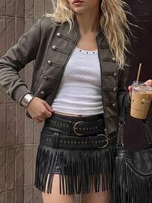 TRNVIE Early Autumn New Vintage Faux Button High-End Gray Y2K Hot Girl Fashion Street Style Women's Short Sweatshirt Jacket - Grey - View 3