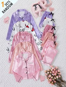 1 Random Set Out Of 5 Girls Pajama Sets: Purple Heart, Pink Heart, White Heart, Pink Jacquard Pocket Embroidered, Orange Jacquard Autumn/Winter - Multicolor - View 3