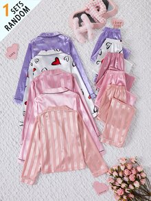 1 Random Set Out Of 5 Girls Pajama Sets: Purple Heart, Pink Heart, White Heart, Pink Jacquard Pocket Embroidered, Orange Jacquard Autumn/Winter - Multicolor - View 2