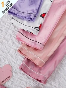 1 Random Set Out Of 5 Girls Pajama Sets: Purple Heart, Pink Heart, White Heart, Pink Jacquard Pocket Embroidered, Orange Jacquard Autumn/Winter - Multicolor - View 8