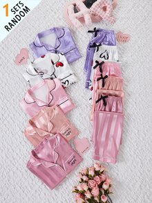 1 Random Set Out Of 5 Girls Pajama Sets: Purple Heart, Pink Heart, White Heart, Pink Jacquard Pocket Embroidered, Orange Jacquard Autumn/Winter - Multicolor - View 1
