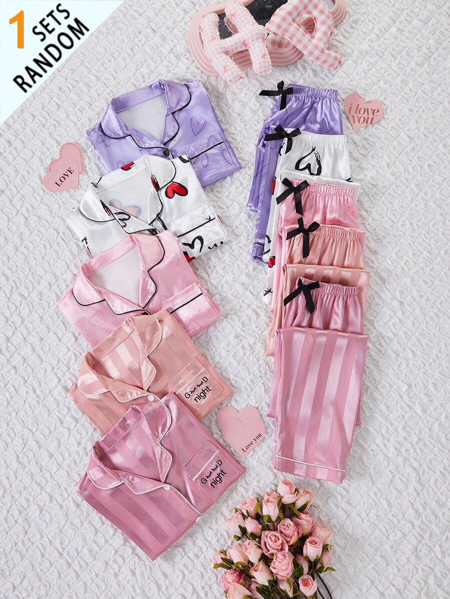 1 Random Set Out Of 5 Girls Pajama Sets: Purple Heart, Pink Heart, White Heart, Pink Jacquard Pocket Embroidered, Orange Jacquard Autumn/Winter - Multicolor - View 1