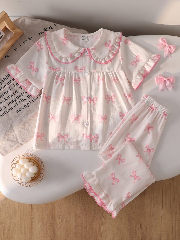 SHEIN Set Piyama Anak Perempuan, Nyaman & Modis, Atasan Lengan Pendek dan Celana Panjang dengan Motif Ceri & Pita dan Hiasan Ruffle, 2 Potongan Pakaian Tidur