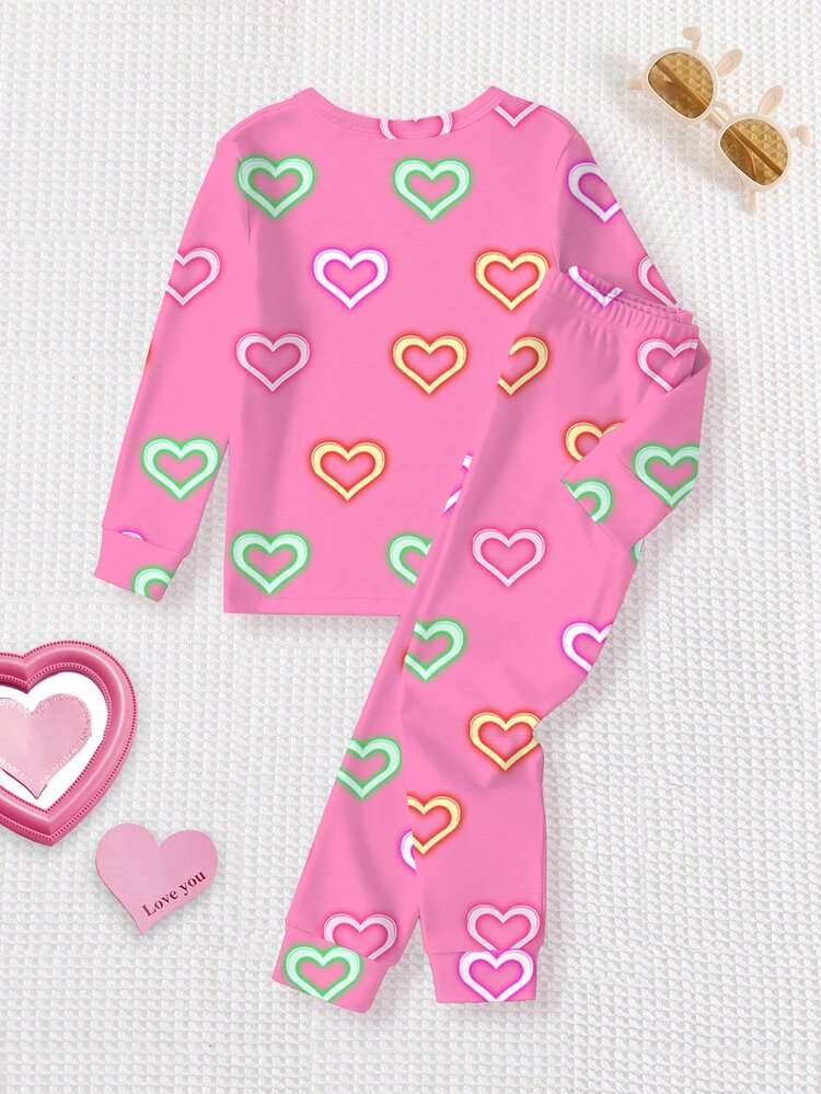 1set Young Girls Neon Heart Print Glow In The Dark Pajama Set, Snug Fit Knit Top And Legging Bottoms, Suitable For Valentine's Day And Holiday Gifts - Hot Pink - View 2