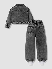 SHEIN 少女秋冬新款熱銷清新蝴蝶結毛巾刺繡水洗黑牛仔兩件套，時尚短版牛仔夾克 + 寬鬆直筒寬腿牛仔褲 - 黑色 - 查看 2