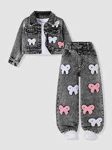 SHEIN 少女秋冬新款熱銷清新蝴蝶結毛巾刺繡水洗黑牛仔兩件套，時尚短版牛仔夾克 + 寬鬆直筒寬腿牛仔褲 - 黑色 - 查看 4