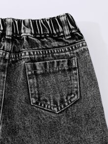 SHEIN 少女秋冬新款熱銷清新蝴蝶結毛巾刺繡水洗黑牛仔兩件套，時尚短版牛仔夾克 + 寬鬆直筒寬腿牛仔褲 - 黑色 - 查看 7