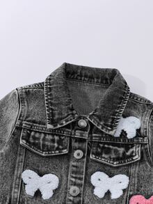 SHEIN 少女秋冬新款熱銷清新蝴蝶結毛巾刺繡水洗黑牛仔兩件套，時尚短版牛仔夾克 + 寬鬆直筒寬腿牛仔褲 - 黑色 - 查看 5