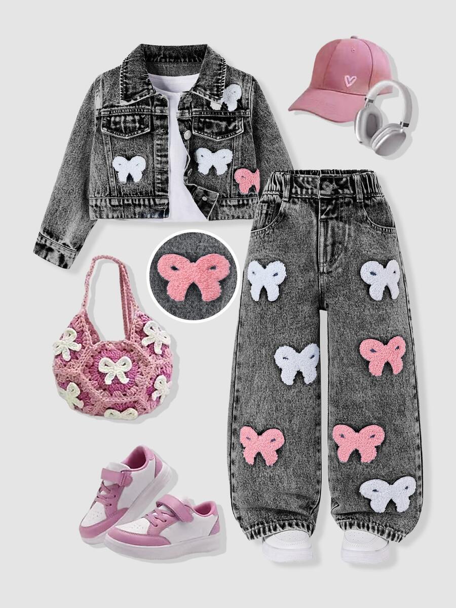 SHEIN 少女秋冬新款熱銷清新蝴蝶結毛巾刺繡水洗黑牛仔兩件套,時尚短版牛仔夾克 + 寬鬆直筒寬腿牛仔褲 - 黑色 - 查看 1