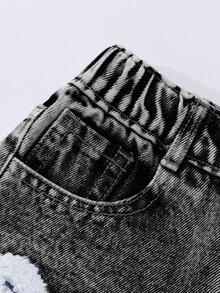 SHEIN 少女秋冬新款熱銷清新蝴蝶結毛巾刺繡水洗黑牛仔兩件套，時尚短版牛仔夾克 + 寬鬆直筒寬腿牛仔褲 - 黑色 - 查看 6