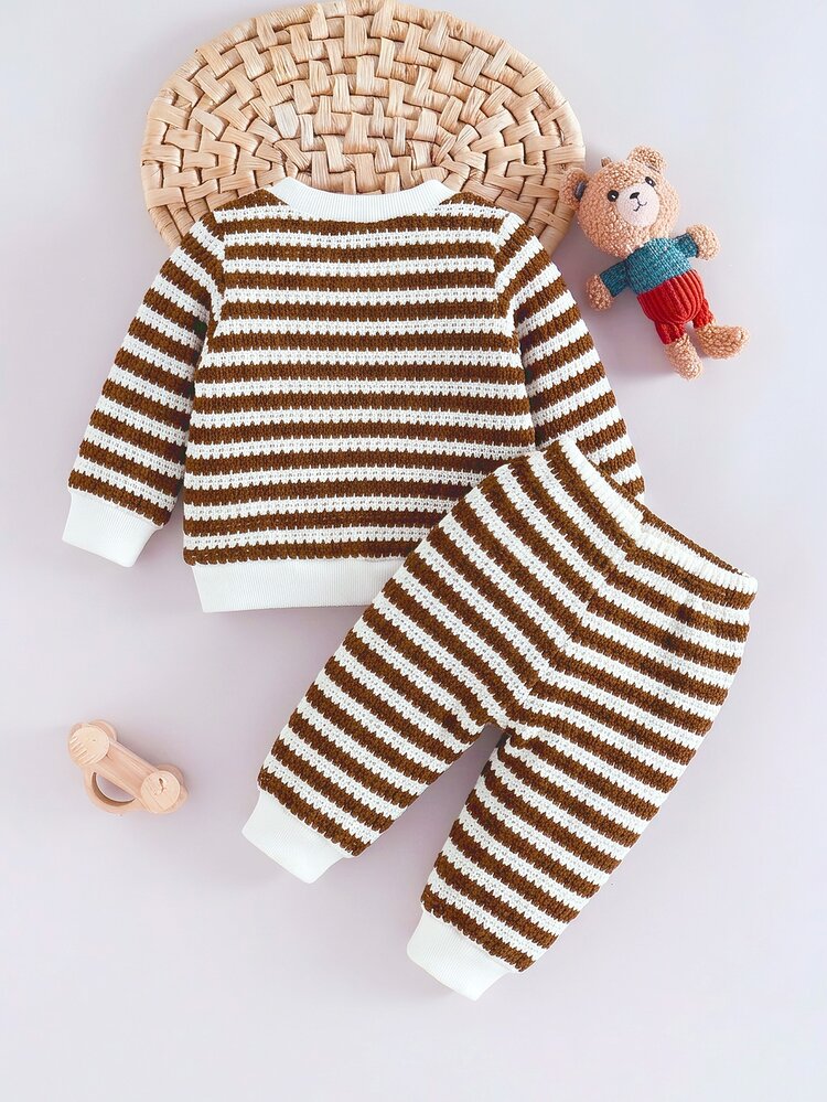 SHEIN Newborn Outfit Set Korean Style White Brown Striped Crew Neck Long Sleeve Top Matching Long Pants Bear Patch Cute Sweatshirt Baby Clothes Autumn - Brown - View 2