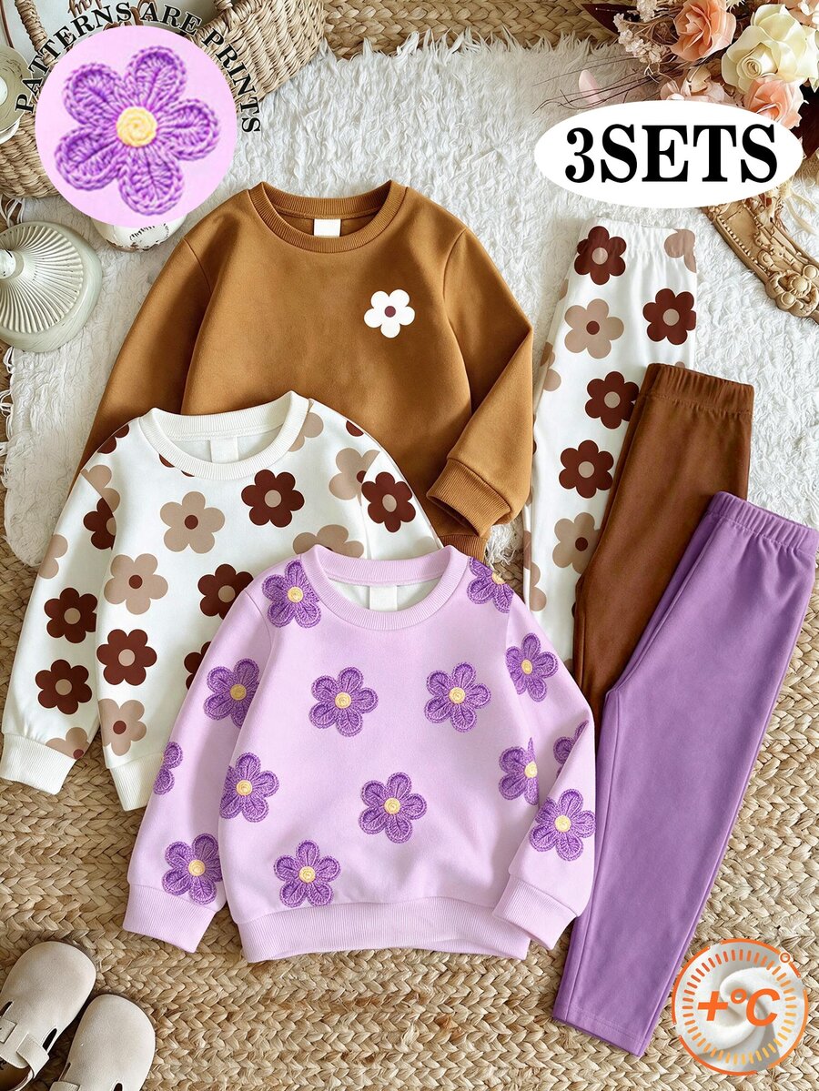 SHEIN 女童碎花抓絨衛衣與慢跑褲套裝 3 套,舒適秋季穿搭 - 彩色 - 查看 1