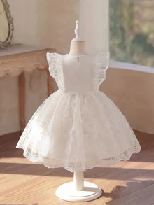 SHEIN Glamorique Kids 女嬰洋裝，白色刺繡網紗，荷葉袖，蕾絲，可愛，生日派對，婚禮，舞會，畢業典禮，夏季優雅 - 白色 - 查看 3