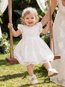 SHEIN Glamorique Kids 女嬰洋裝，白色刺繡網紗，荷葉袖，蕾絲，可愛，生日派對，婚禮，舞會，畢業典禮，夏季優雅 - 白色 - 查看 4